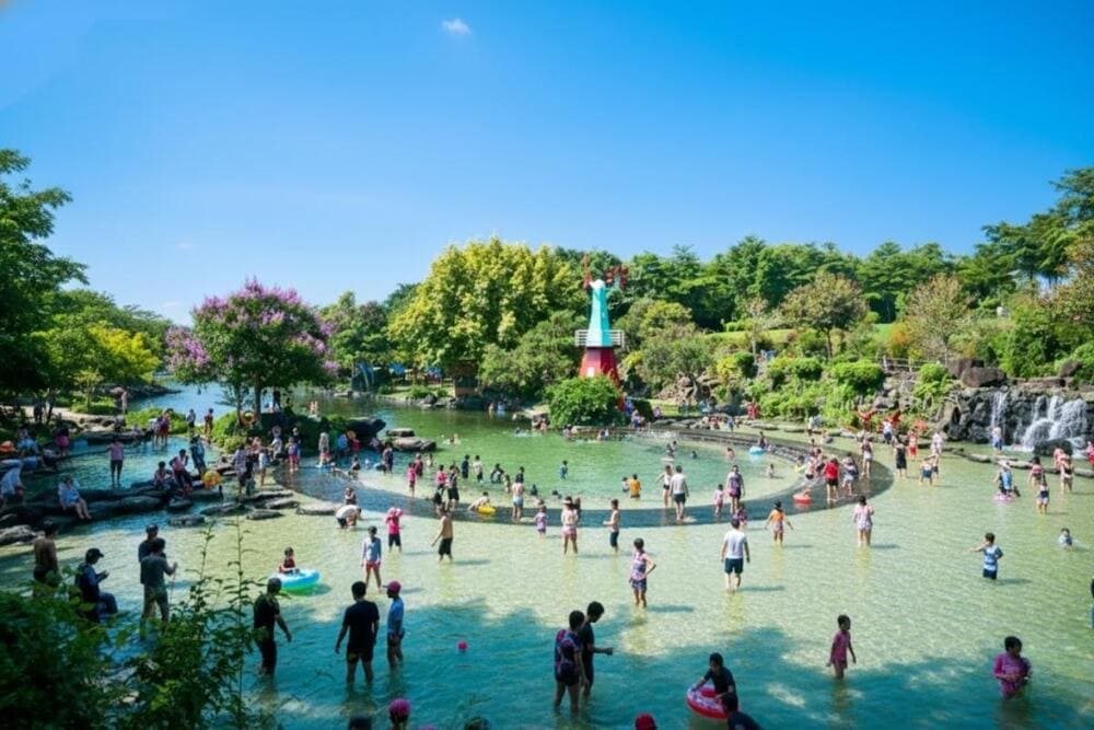 Công viên nước thiên nhiên với hồ bơi trong veo, không khí mát lạnh giữa rừng cây xanh ngát.